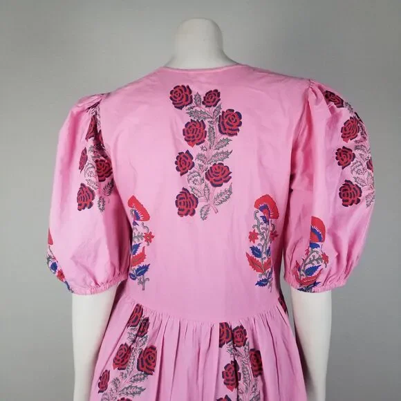 Oliphant Tuckernuck Boca Pink Puff Sleeve Midi Cotton Block Print Dress Size S - Picture 7 of 15